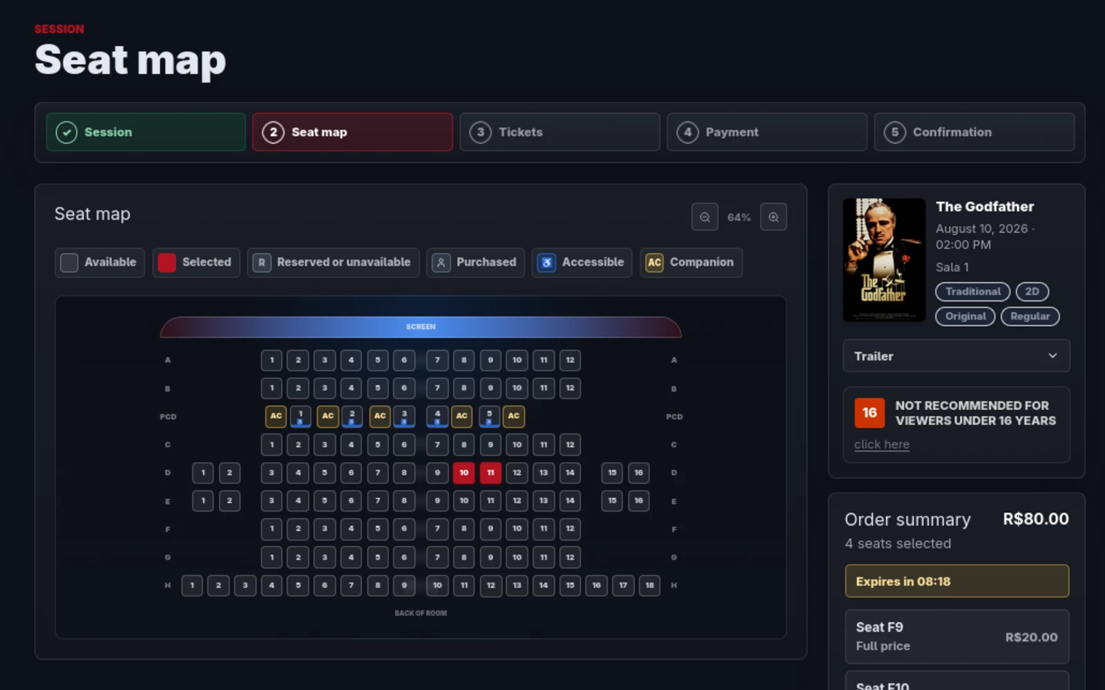 Mapa de assentos do CinePrime com alguns assentos já selecionados
